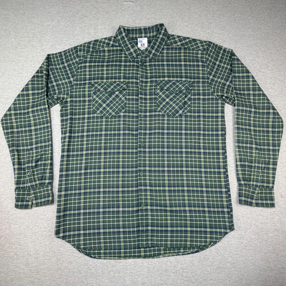 Salomon Mens XL Green Plaid Long Sleeve Button Down Hiking Shirt Outdoor